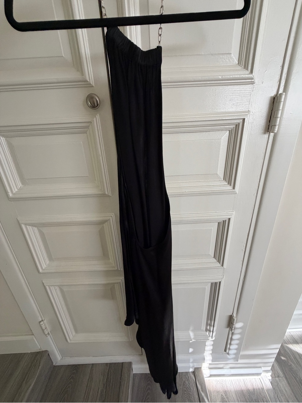 Black Satin Halter Maxi Dress with Chain Strap - Picture 4 of 5